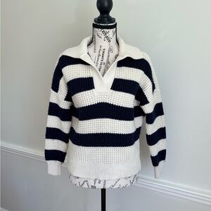 Madewell Navy & White Striped Collared V-Neck Sweater